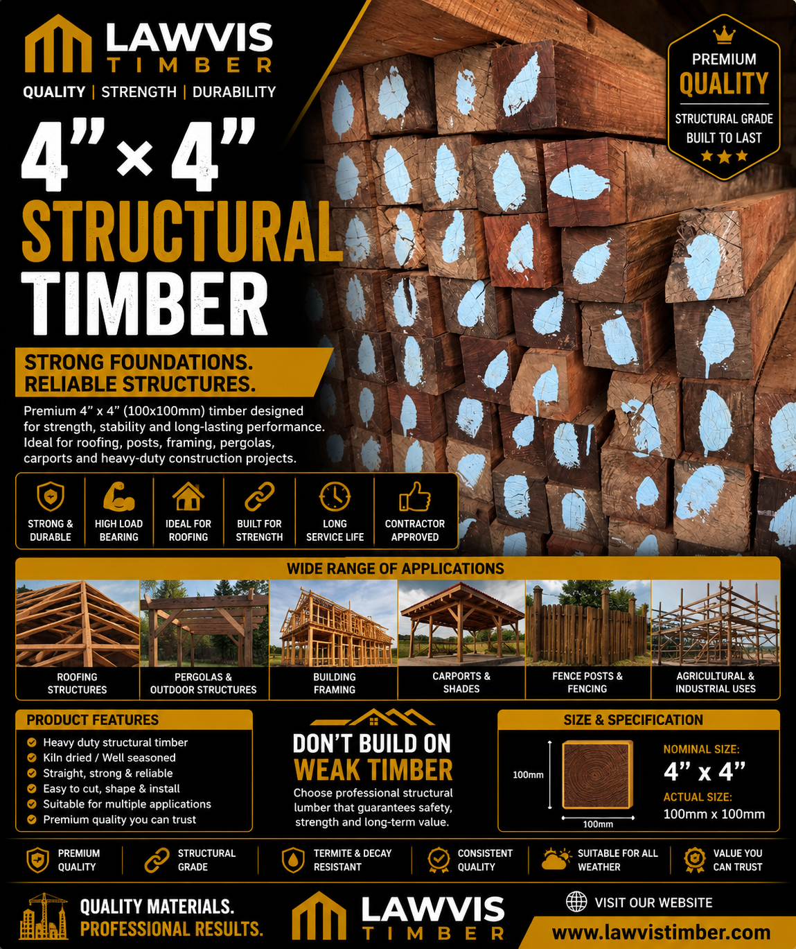 4" × 4" Timber (100mm × 100mm) – Heavy Duty Structural Lumber