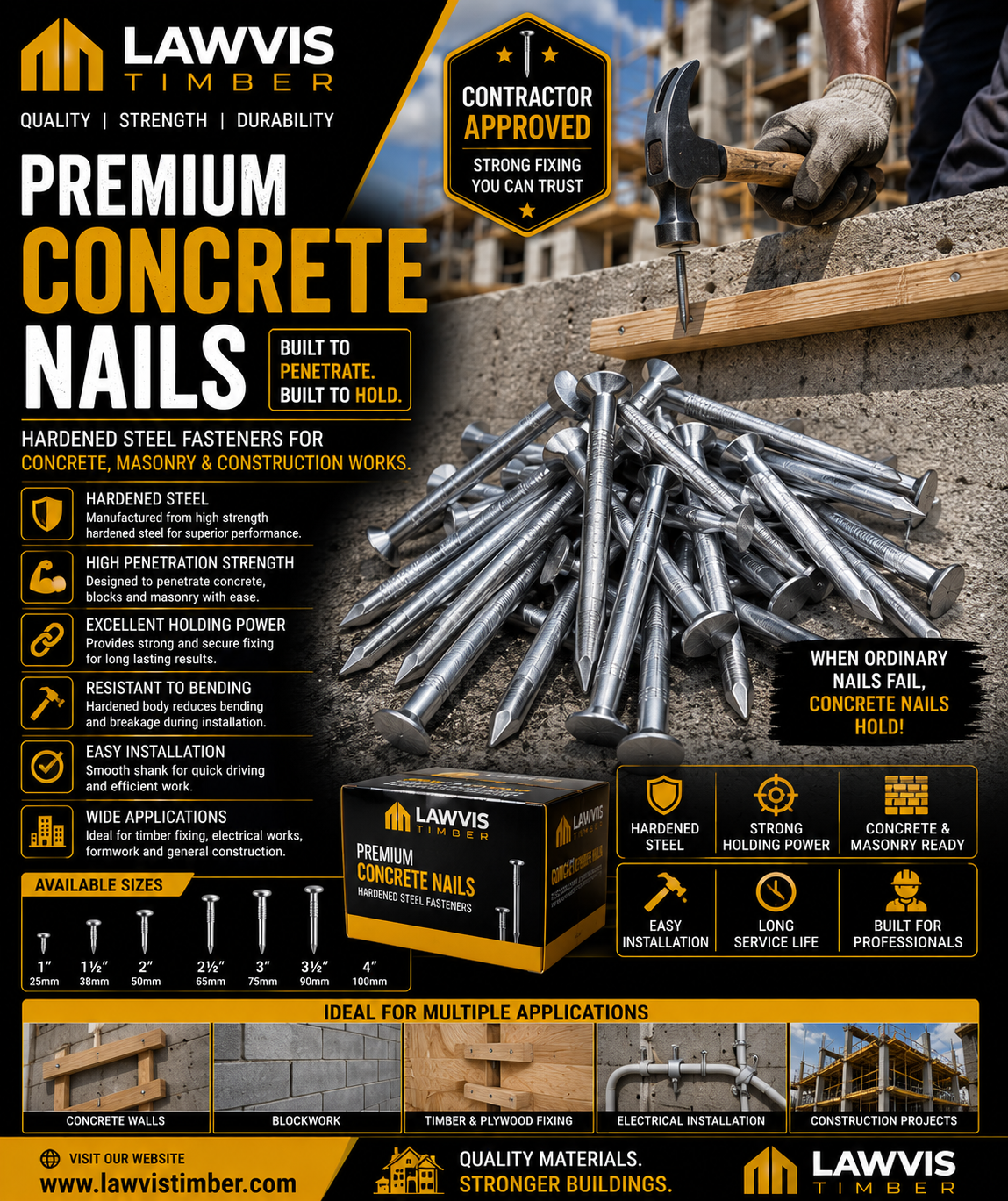 Premium Concrete Nails Ghana β Hardened Steel Construction Fasteners by Lawvis Timber
