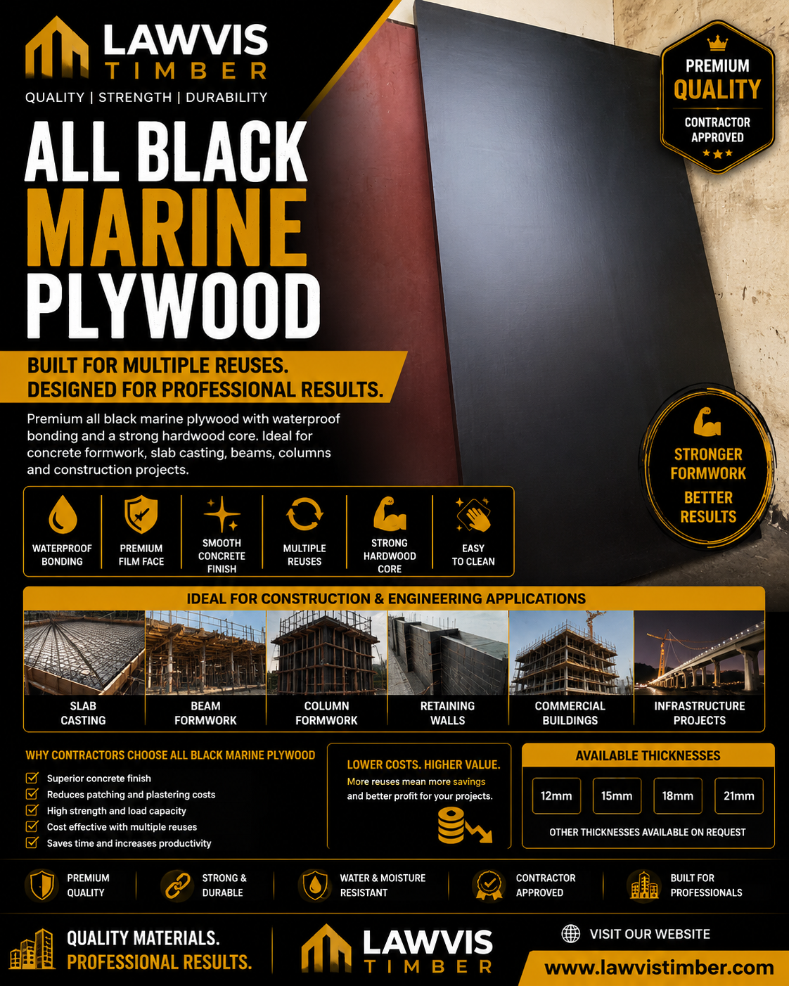 All Black Marine Plywood Ghana | Waterproof Formwork Plywood | Lawvis Timber